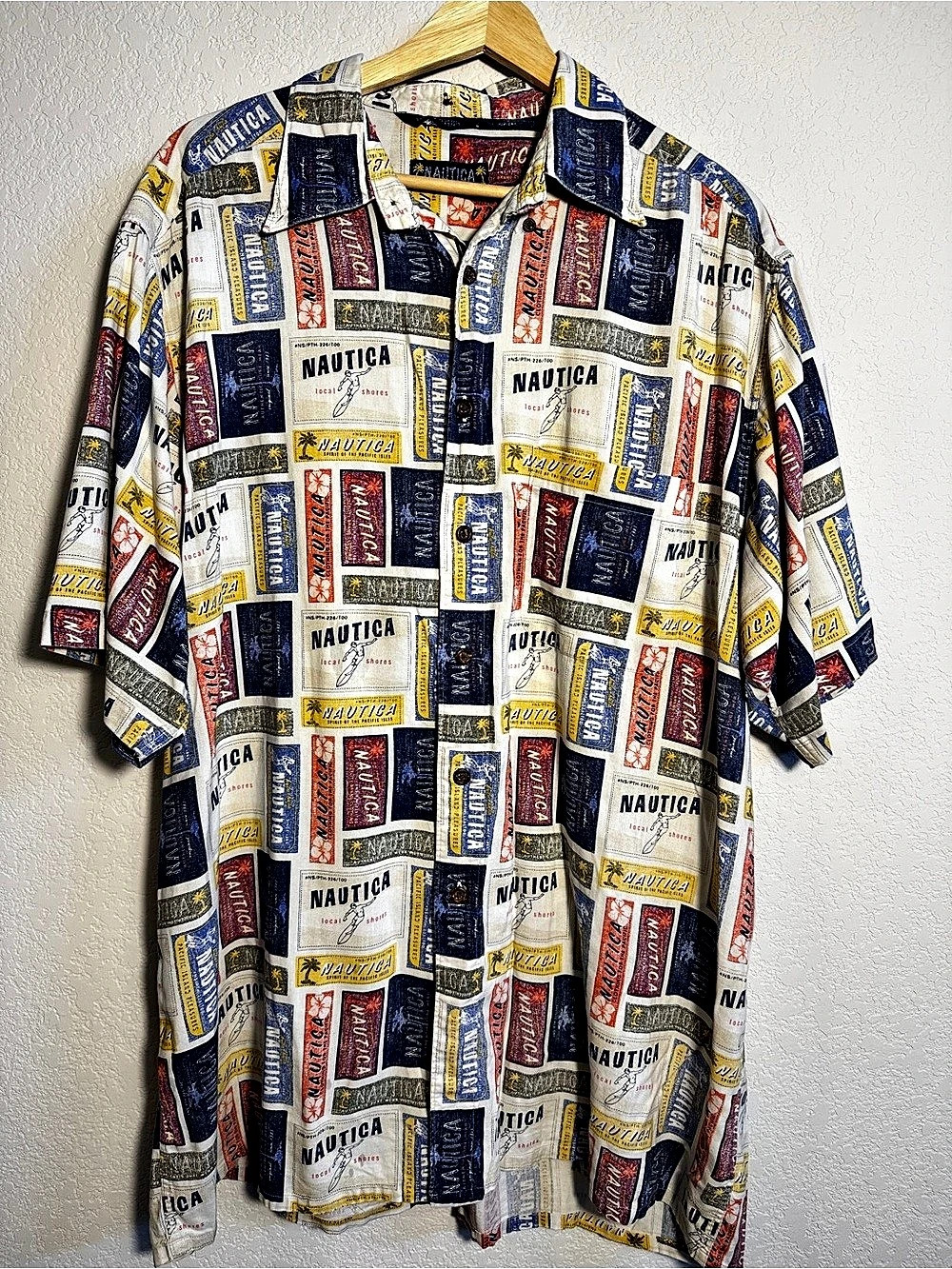 Nautica Vintage Stamp All-Over Print Short Sleeve Button Down Shirt Large